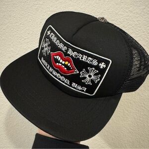 Chrome Hearts Kids Black Trucker Hat with Red Lip Patch